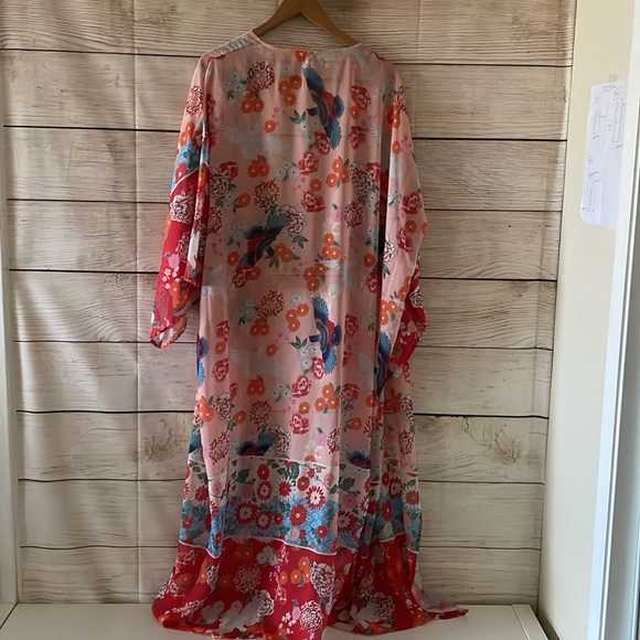 Junie Kimono Floral Bird Print Multicolor Sheer Long Coverup Large - Picture 4 of 5